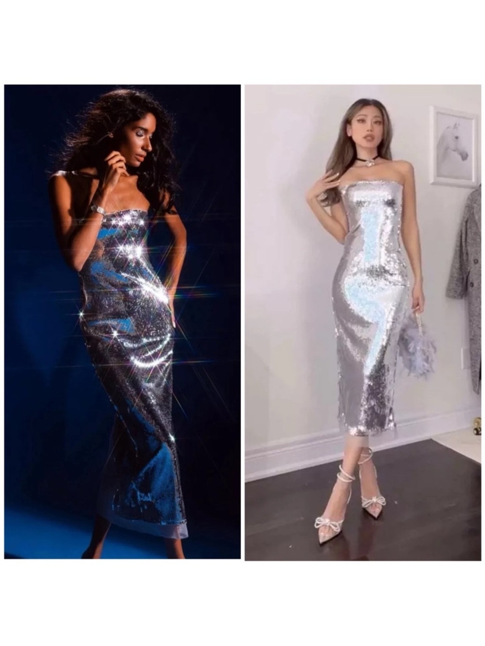 Zara Strapless Silver Metallic Sequin Midi Tube Dress Size Small - Picture 6 of 12